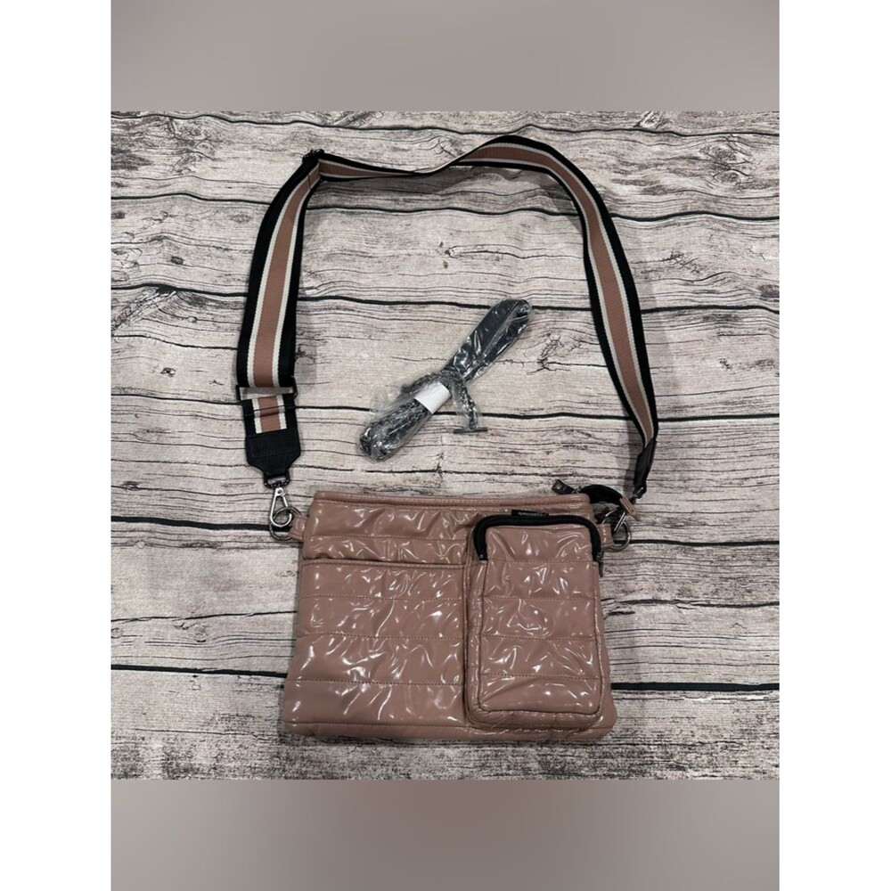 THINK ROYLN Light Brown Patent Puffer Crossbody with 2 Straps